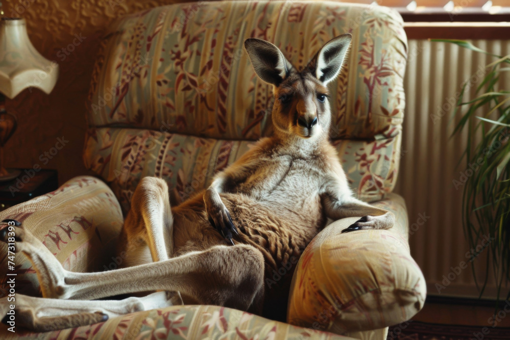 Deer lounging comfortably on a floral sofa - A deer finding an unusual resting spot on a patterned floral couch inside a cozy room