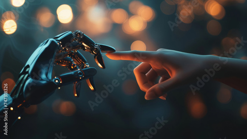 A human and a robotic hands reach towards each other, fingertips almost touching, in a dark setting with soft bokeh lights in the background photo