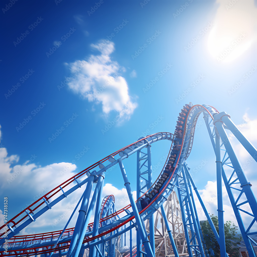A rollercoaster against a vivid blue sky.