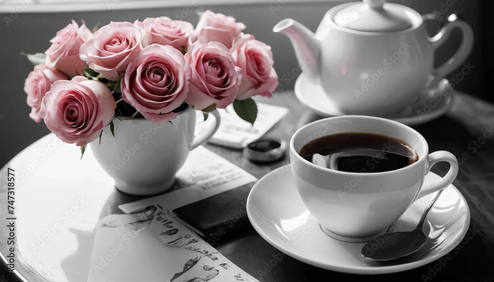 cup of coffee and rose cup of coffee and rose