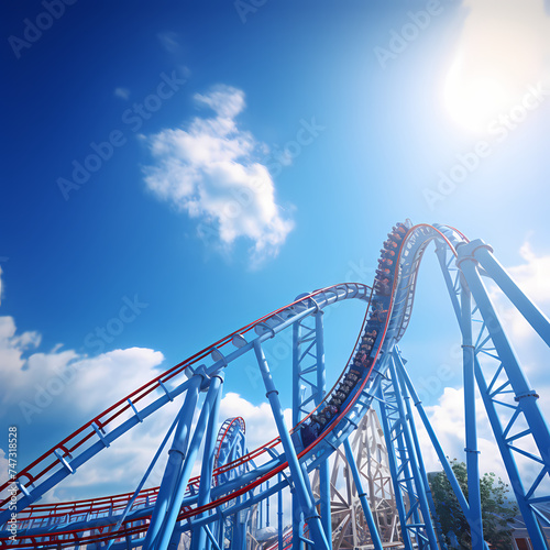 A rollercoaster against a vivid blue sky.