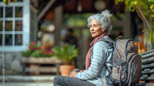 Elderly female traveler with a backpack sits on a bench, marveling at the city's landmarks. Exploration, adventure, and sightseeing in a cityscape