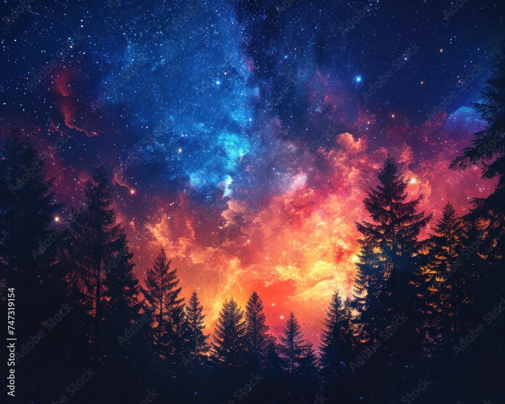 Naklejka premium Dark Woods of the Cosmos. Journey Through the Galactic Night. Amidst the Tall Trees of the Forest, the Milky Way Stretches Across the Night Sky