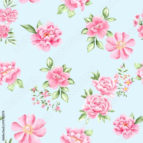 Watercolor flowers pattern, pink tropical elements, green leaves, blue background, seamless © Leticia Back