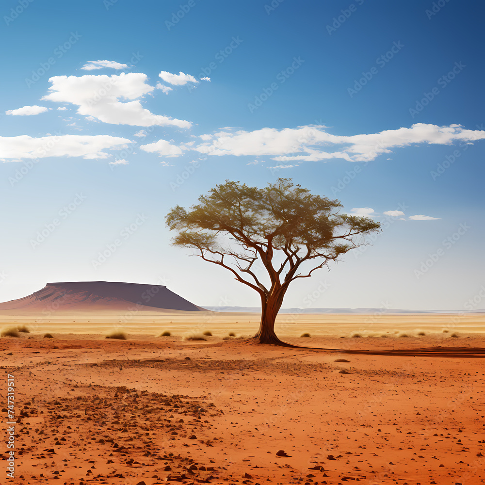 A solitary tree in a vast desert landscape.