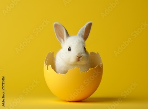 Adorable Easter Bunny Peeking from a Yellow Egg on Vibrant Background. Easter Concept