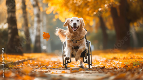 disabled dog in a wheelchair walks in the autumn park and enjoys mobility