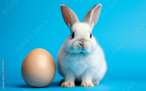 White rabbit beside an egg on a soft blue backdrop, symbolizing spring, Easter, or new beginnings, with a gentle pastel aesthetic.