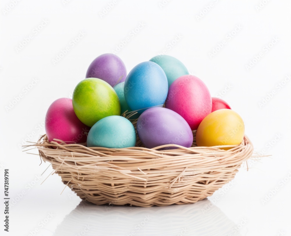 Colorful Easter Celebration: Pastel Dyed Eggs in a Wicker Basket on White Background. Easter Concept Colorful Easter Celebration: Pastel Dyed Eggs in a Wicker Basket on White Background. Easter Concept