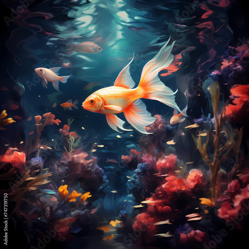 A surreal underwater scene with colorful fish.