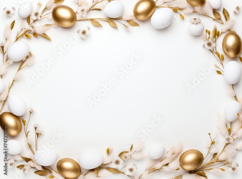 Luxurious Easter Frame: Golden and White Eggs with Floral Accents on Ivory Background. Minimal Easter background flat lay.