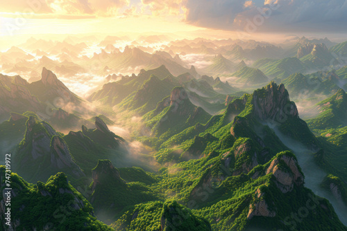 beautiful mountains in picturesque natural light, morning fog and breathtaking scenery