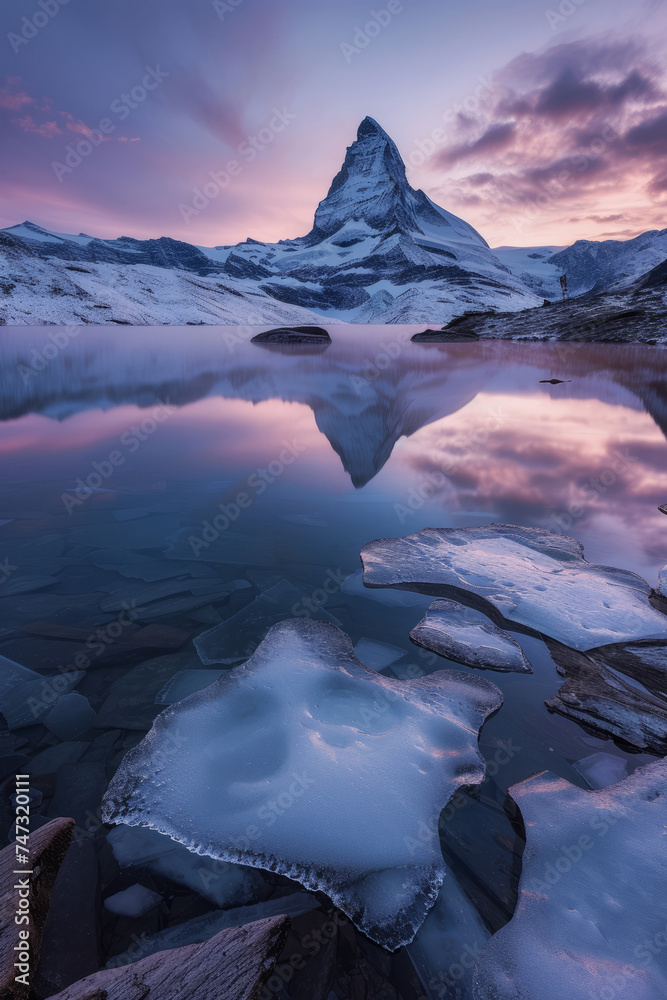 frozen chunks of ice floating in a winter lake In front of mountain ...