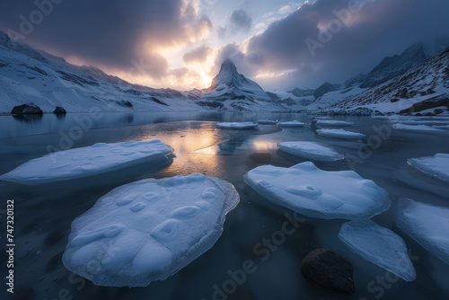 frozen chunks of ice floating in a winter lake In front of mountain, breathtaking sunrise dramatic long exposure lenticular clouds through a lake