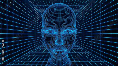 mesh wireframe of a human face overlaid on a technology-themed background. The backdrop all set against a perspective grid. futuristic composition human form with technologi, of AI, digital innovation photo
