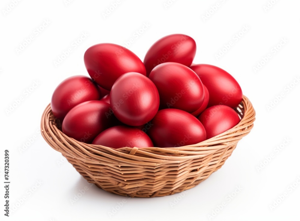Red Easter eggs in basket isolated on white background Red Easter eggs in basket isolated on white background