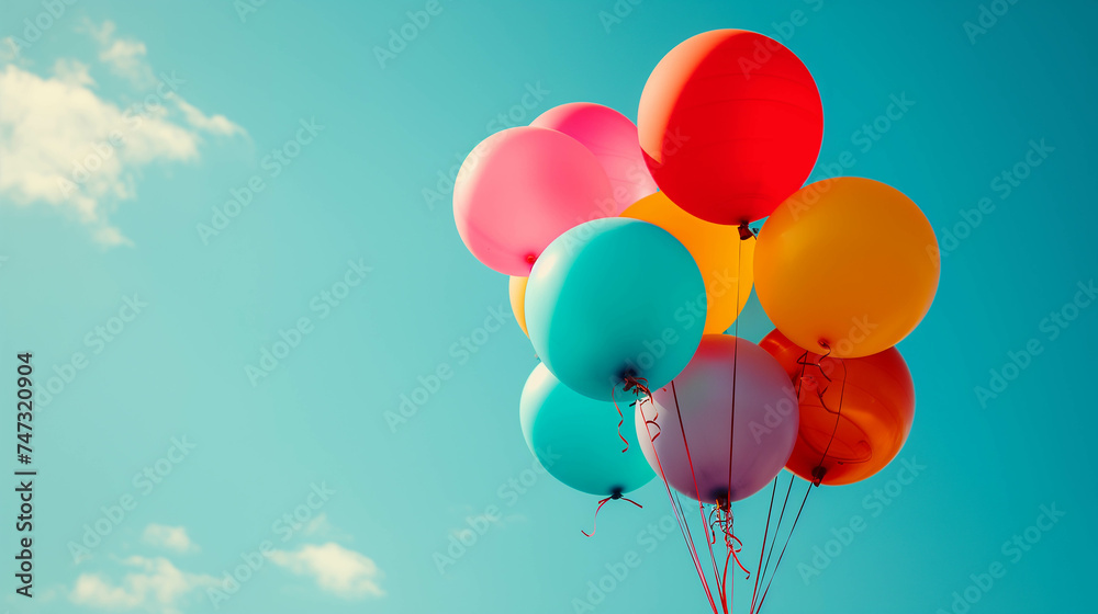 Blue, Red, yellow, and green balloons float in a blue sky for a fun birthday celebration. Blue, Red, yellow, and green balloons float in a blue sky for a fun birthday celebration.