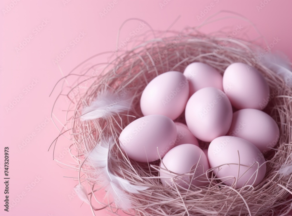 Pink Easter eggs in a nest on a pink background. A festive arrangement symbolizing the joy and renewal of Easter. Pink Easter eggs in a nest on a pink background. A festive arrangement symbolizing the joy and renewal of Easter.