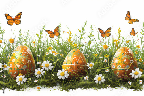 Element for design. Easter eggs on grass with white flowers, butterflies on white background. Generative AI