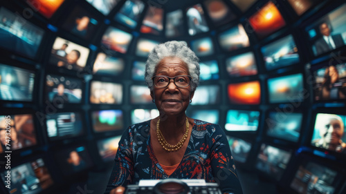 senior African-american woman surrounded by bright oval with multiple TV screens with channels photo