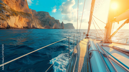 Amazing View from the deck of a sailing boat cutting through the azure waters, with the sun casting a warm glow on the sea and cliffs