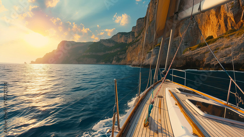 Amazing View from the deck of a sailing boat cutting through the azure waters, with the sun casting a warm glow on the sea and cliffs