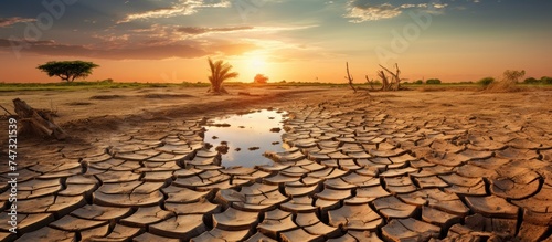 A substantial puddle of water has formed in the center of a barren dirt field, likely caused by rainfall or irrigation. The water stands out starkly against the dry, arid surroundings, creating a