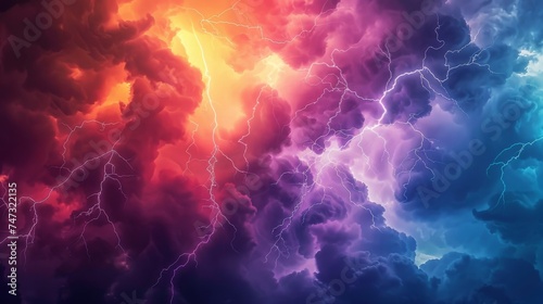 A fantasy, vibrant storm with swirling, colorful clouds and abstract, electric lightning bolts.