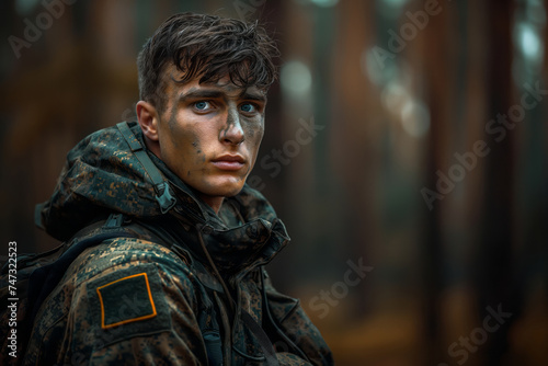 Soldier. Soldier with on a military uniform. Camouflage clothing. Generative AI