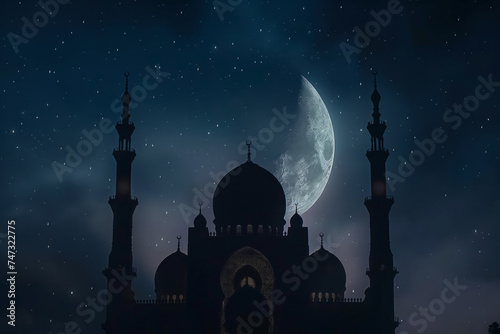 The silhouette of a mosque in the night sky with a crescent moonislamic style. Generative AI © Anthony Paz