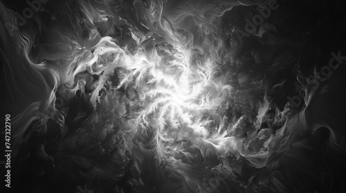 A monochrome fractal vortex with white glowing particles on a black background, embodying simplicity and complexity.
