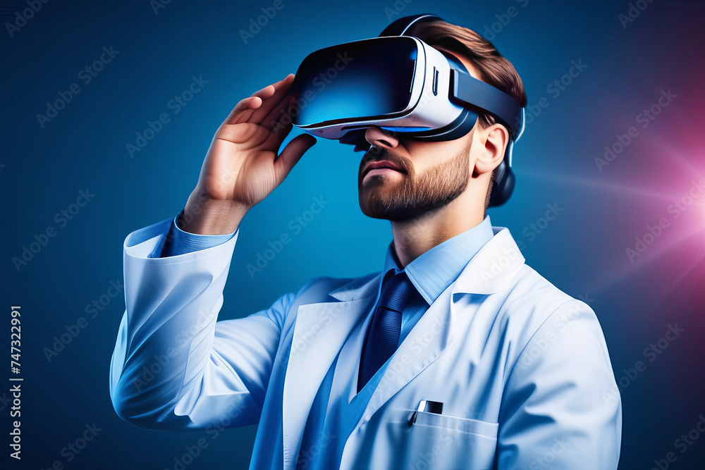 VR, healthcare and digital with a doctor scientist on blue background. lab for research or innovation. Metaverse, virtual reality and future with a medical science professional using software VR, healthcare and digital with a doctor scientist on blue background. lab for research or innovation. Metaverse, virtual reality and future with a medical science professional using software