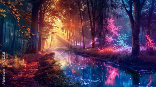 A mystical forest with glowing, neon-colored trees and a shimmering, magical river flowing through.