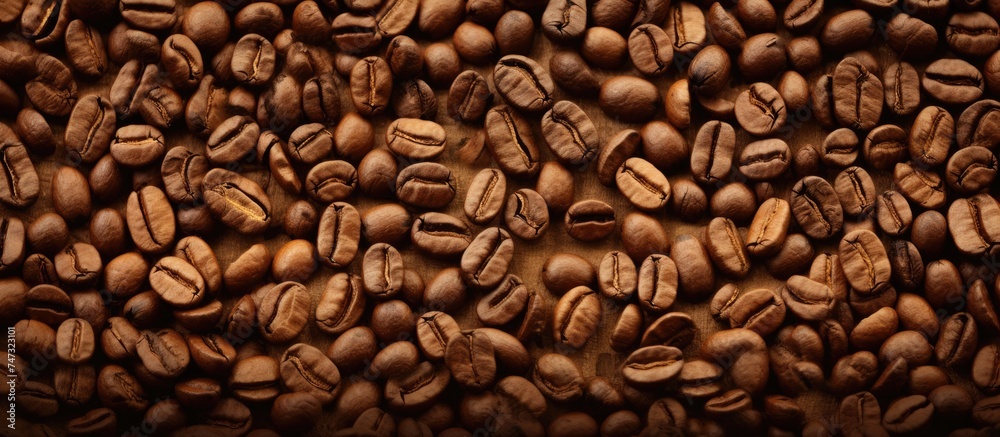 A large quantity of coffee beans spread out across a wooden table, creating a rich and aromatic display. The beans are various shades of brown and have a glossy sheen, enhancing their appeal.