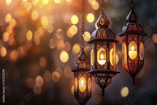 Ramadan View of 3d islamic lantern. Generative AI