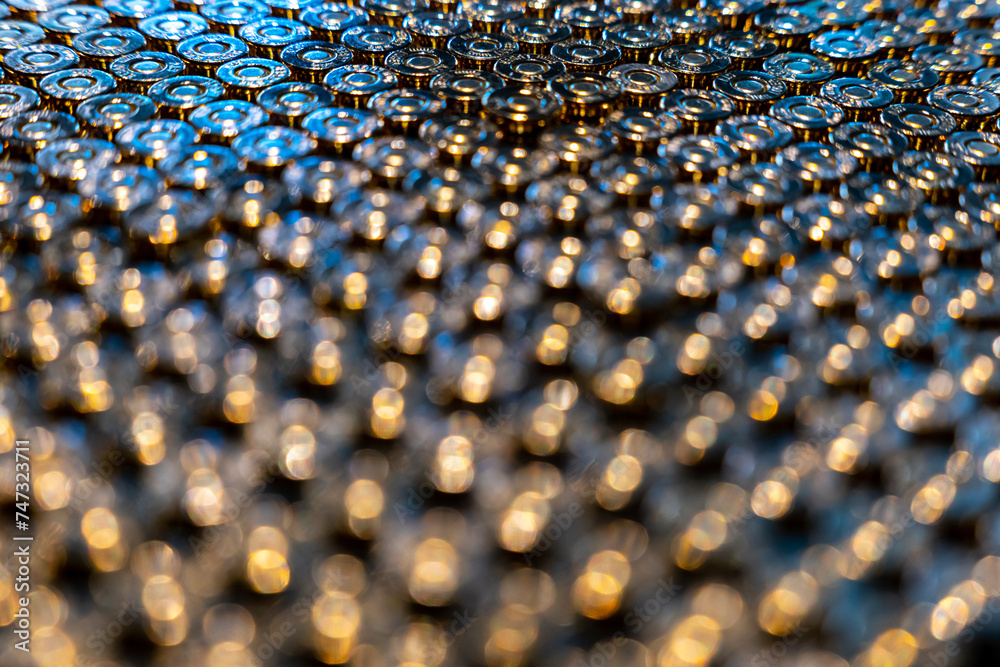 Obraz premium 9mm Bullet Ammunition in Abundance in a Row with Focus Technique in Switzerland.