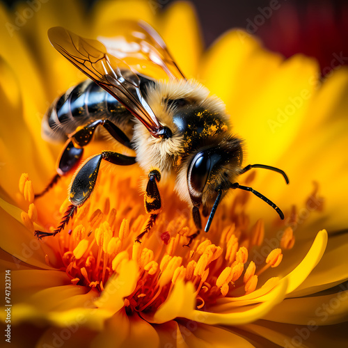 Close-up of a bee pollinating a vibrant flower.