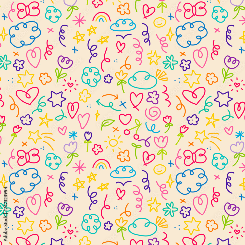 Seamless pattern scribble shapes light background kid drawings