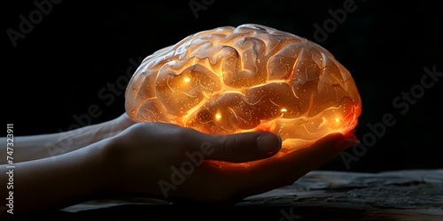 A hand gently holding an illuminated brain symbolizing wisdom and mental complexities. Concept Wisdom, Mental Health, Brain Power, Illumination, Thoughtful Gestures photo