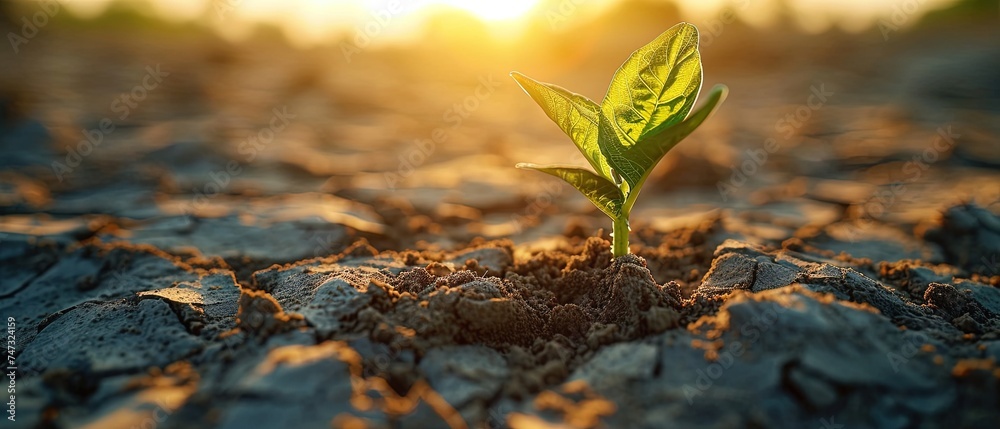 Sprout emerging from the dry earth symbolizes resilience and growth. Grown from the ground on a dry land, depth of field, banner Sprout emerging from the dry earth symbolizes resilience and growth. Grown from the ground on a dry land, depth of field, banner