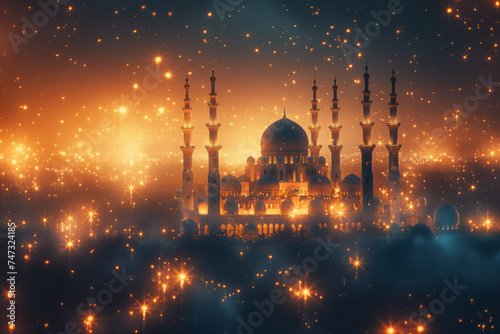 The silhouette of a mosque in the night sky with a crescent moonislamic style. Generative AI