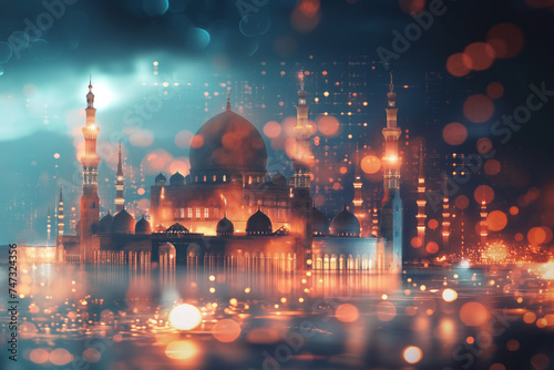 Futuristic ramadan background with mosque and bokeh. Generative AI