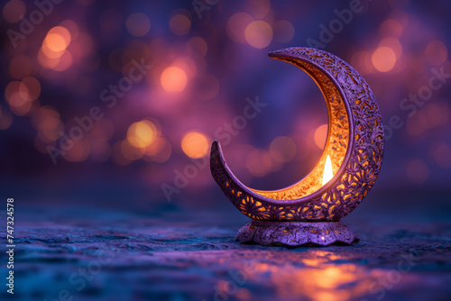 Eid mubarak and ramadan kareem purple background crescent moon. Generative AI photo