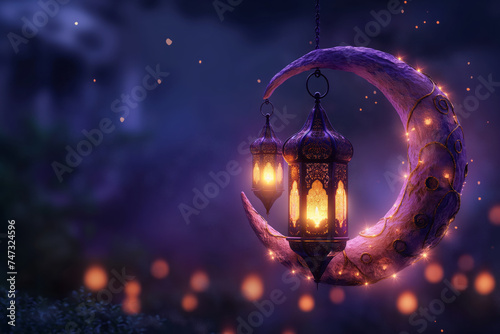 Eid mubarak and ramadan kareem purple background crescent moon. Generative AI