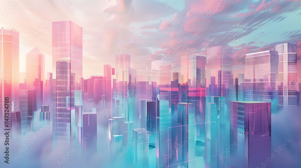 Abstract cityscape with floating geometric shapes and pastel colors.