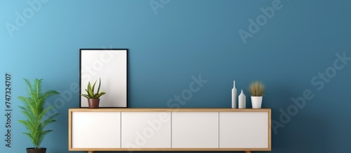 This room features a blue wall and a white cabinet standing against it. The cabinet is empty, with items placed on top, and there are empty picture frames hanging on the wall. photo