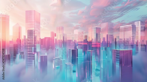 Abstract cityscape with floating geometric shapes and pastel colors. © furyon