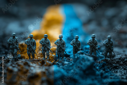 Ukraine on dark background. Conceptual image of war between Ukraine using toy soldiers. Selective focus. Generative AI photo