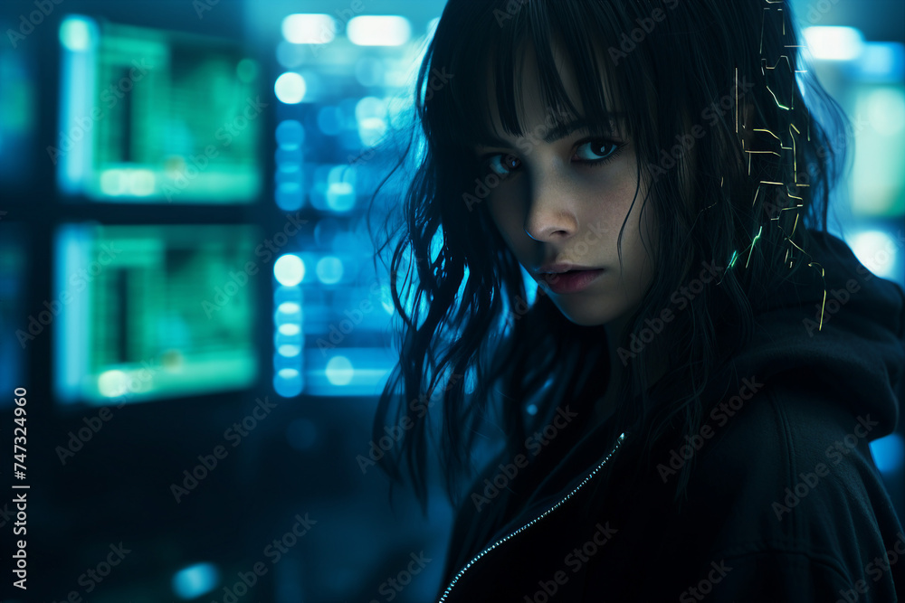 A fictitious image of woman in cyberpunk attire futuristic high tech generative AI A fictitious image of woman in cyberpunk attire futuristic high tech generative AI