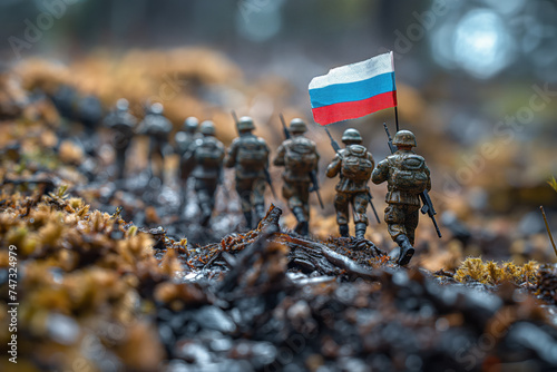 Russia on dark background. Conceptual image of war between Russia using toy soldiers. Selective focus. Generative AI photo